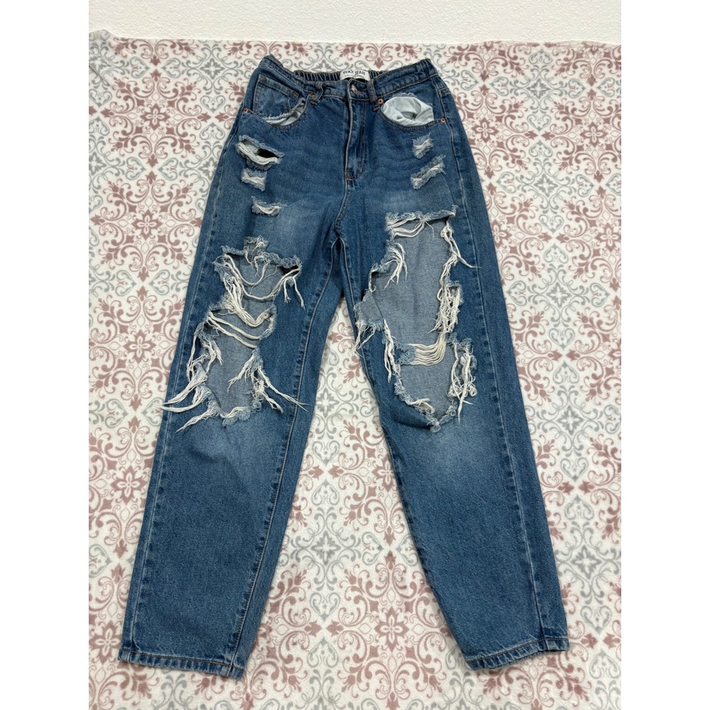 Wax Jean Collection Medium Wash Distressed Mom Jeans Elastic Waist Womens Medium